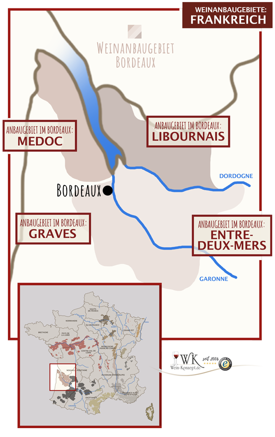 Karte von Bordeaux und den einzelnen Anbaugebieten