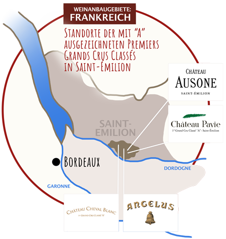 Karte von Bordeaux mit den Klasse A Gland Crus Classes in Saint Emilion